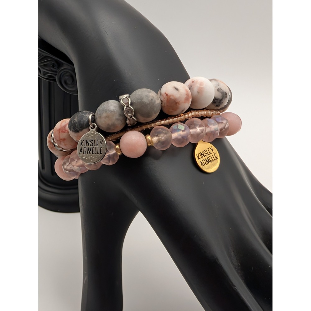 Kinsley Armelle Stretch Bracelet Set of 3 Pink Zebra Jasper Rose Quartz Signed